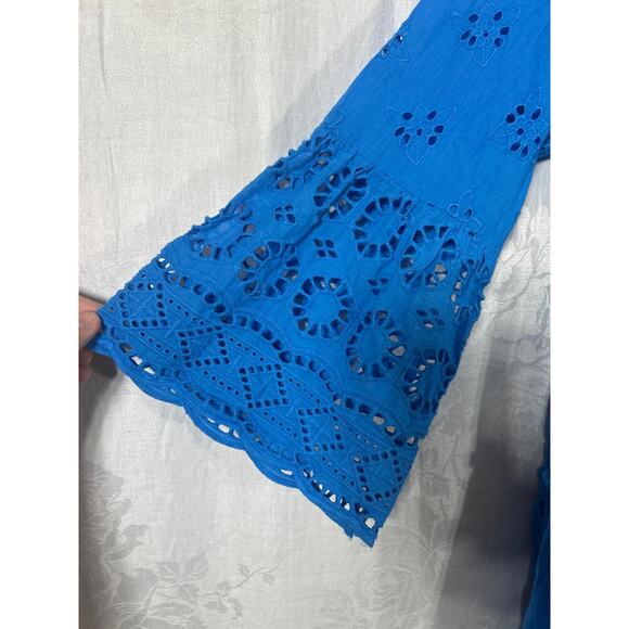 Soft Surroundings Dress 14 Blue Eyelet Tiered Long Slv Knee Length Lined Crochet - Picture 3 of 9